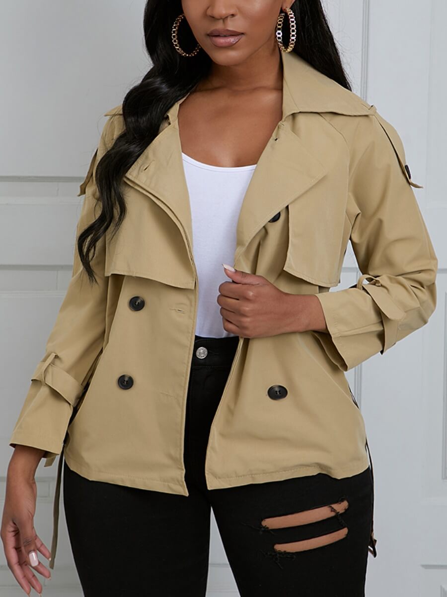 

Lovely Casual Turndown Collar Button Design Khaki Coat