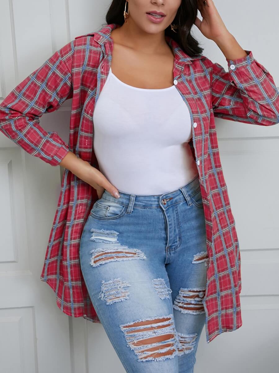 

Lovely Casual Turndown Collar Plaid Print Red Jacket