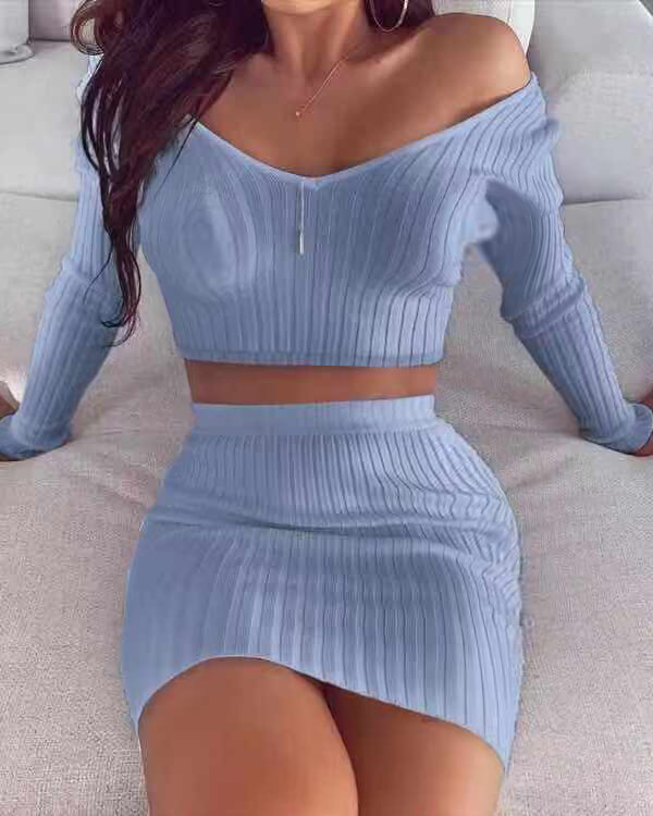 

LW Casual V Neck Elastic Blue Two Piece Skirt Set