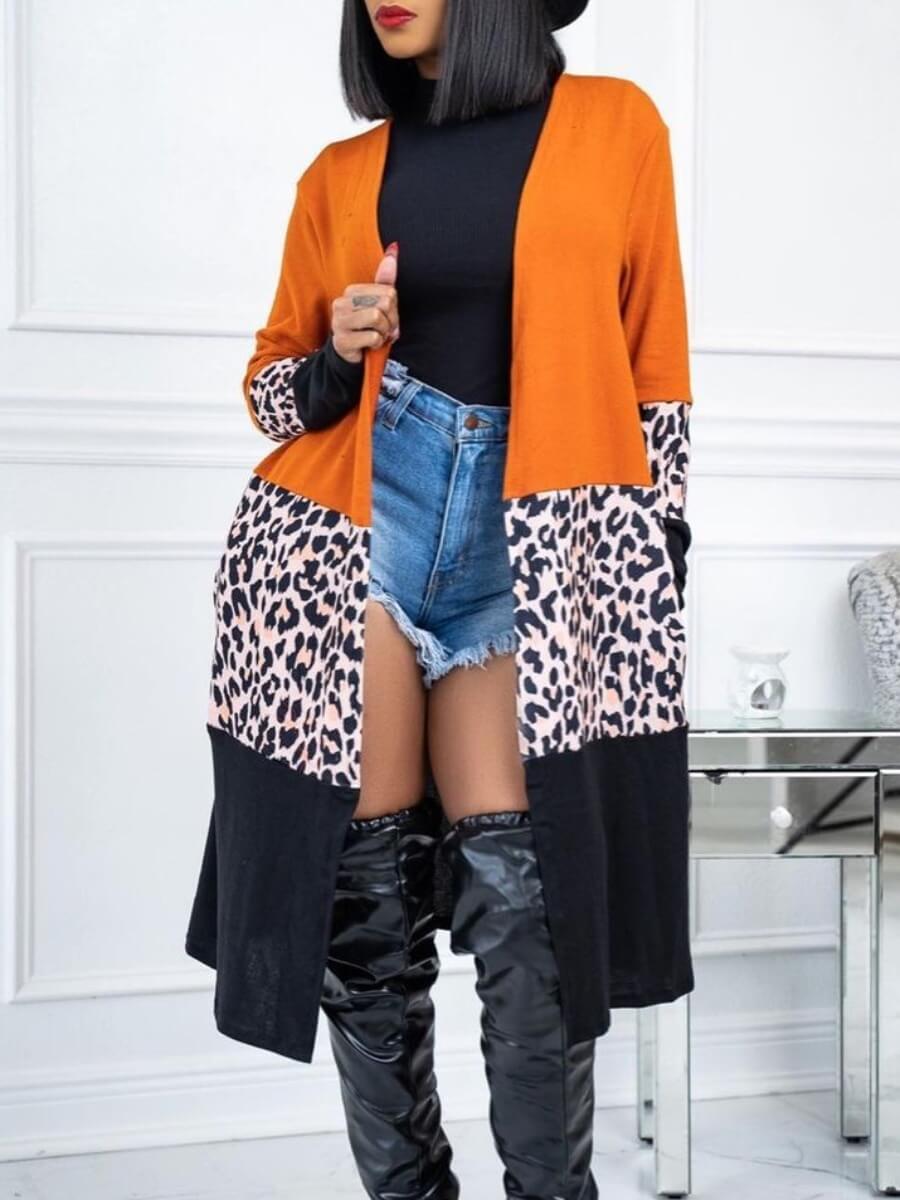 

Lovely Casual Leopard Print Patchwork Orange Trench Coat