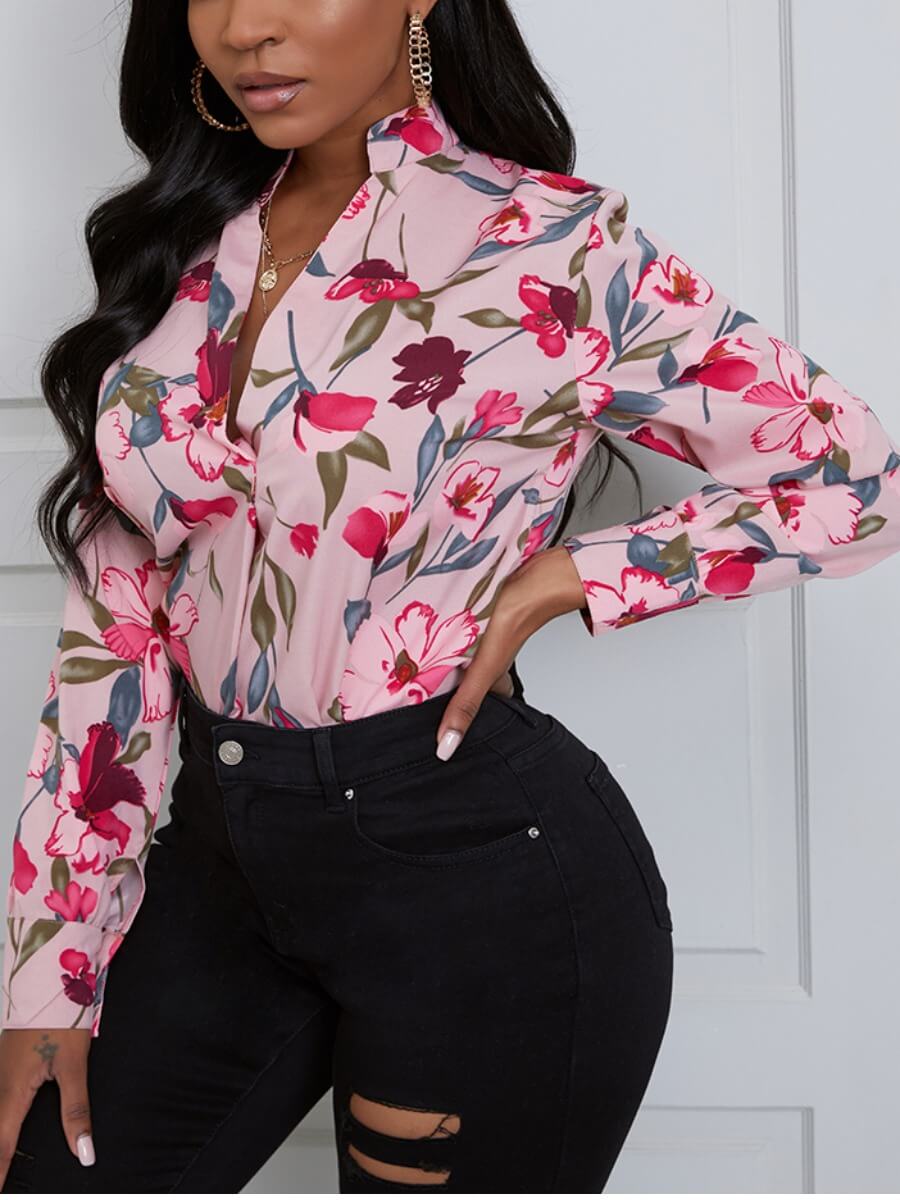 

Lovely Casual Turndown Collar Floral Print Pink Blouse