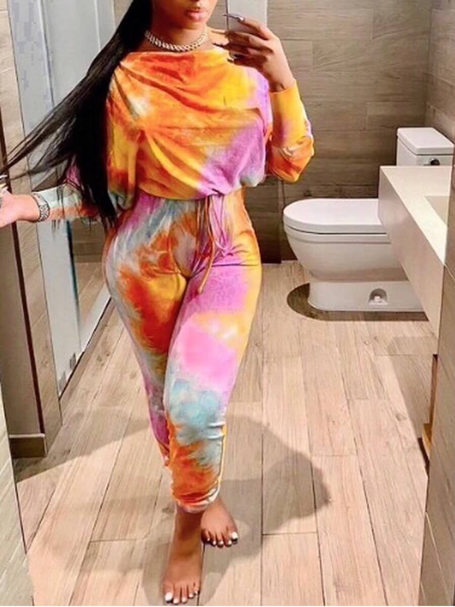 

Lovely Casual Drawstring Tie Dye Yellow Two Piece Pants Set