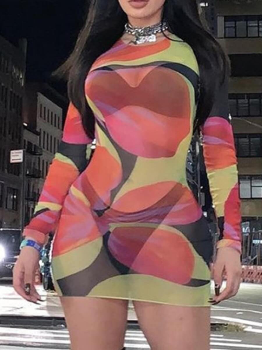 

Lovely Street O Neck Print See-through Red Mini Dress
