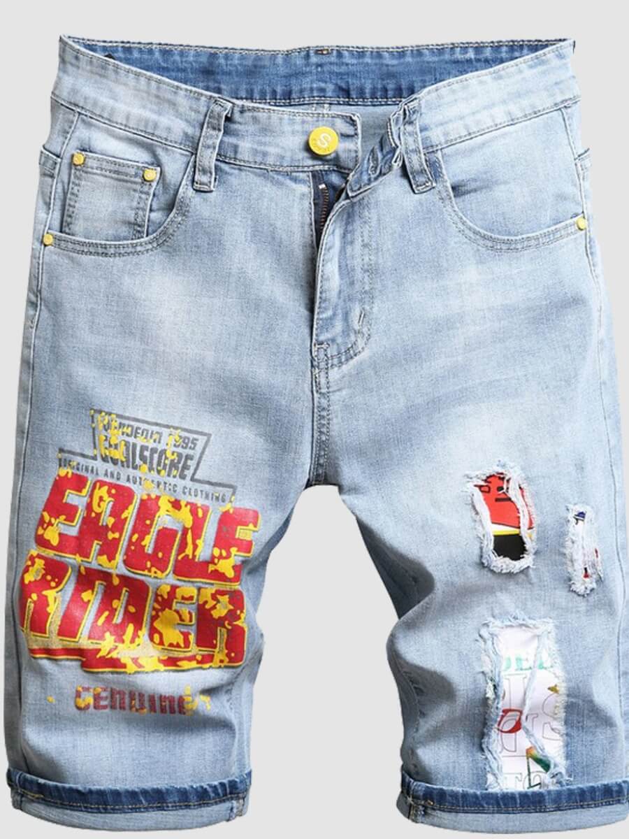 

Lovely Men Casual Letter Print Broken Holes Baby Blue Denim Shorts