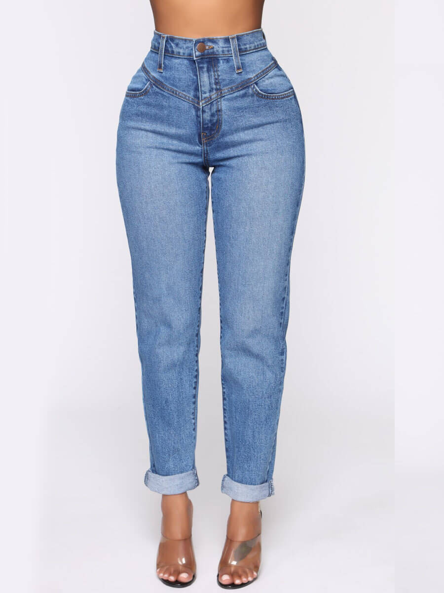 

Lovely Casual High-waisted Nonelastic Baby Blue Jeans