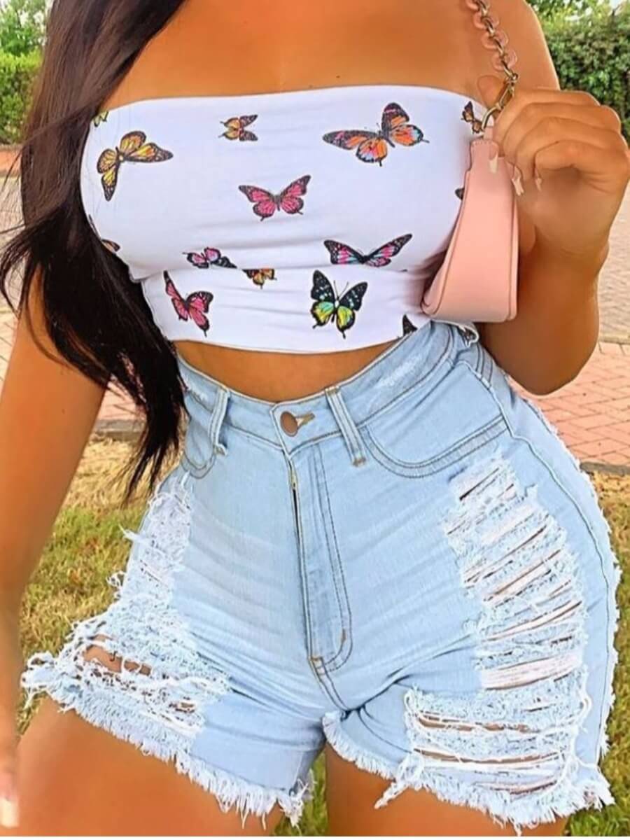 

Lovely Street High-waisted Broken Holes Baby Blue Denim Shorts