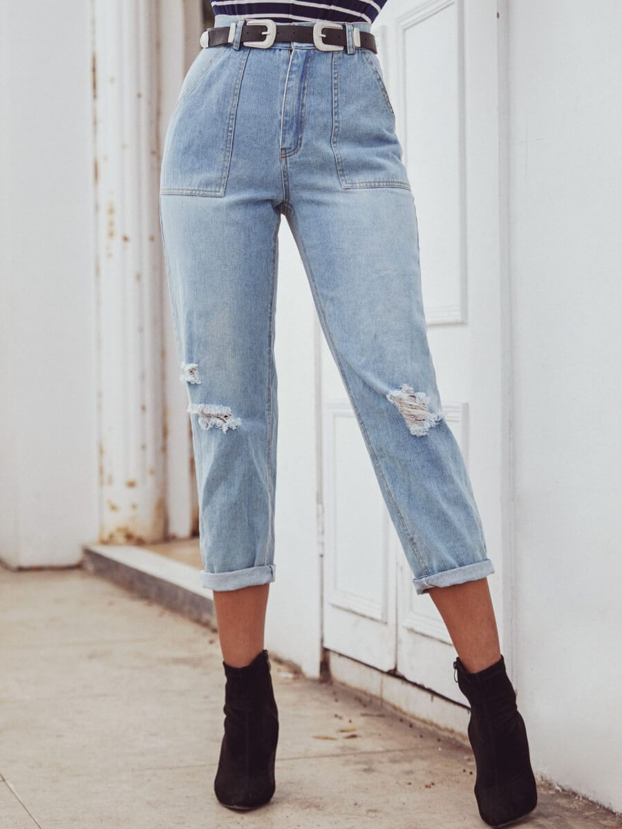

Lovely Casual High-waisted Broken Holes Blue Mom Jeans