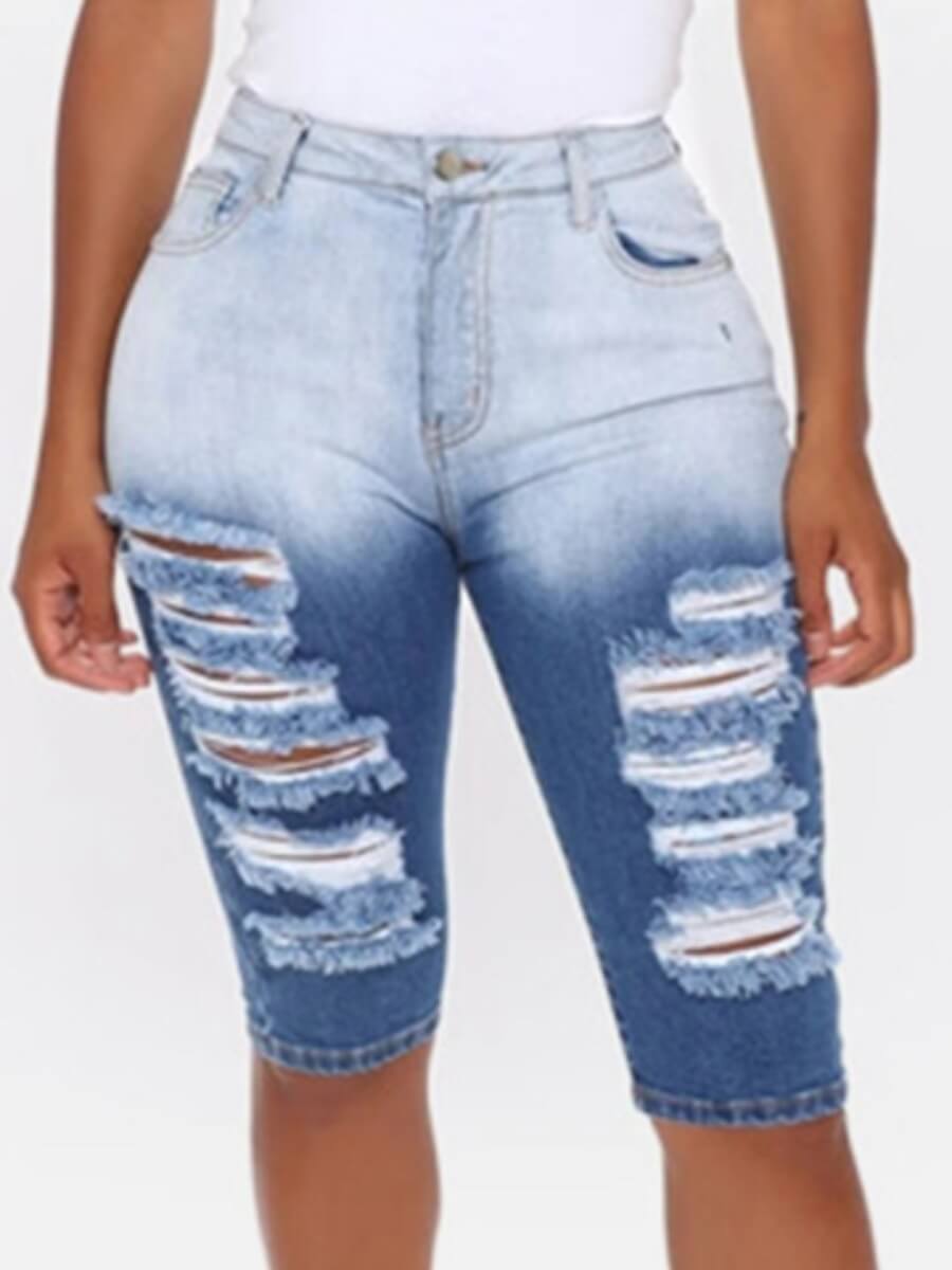 

Lovely Casual Tie-dye Broken Holes Baby Blue Jeans