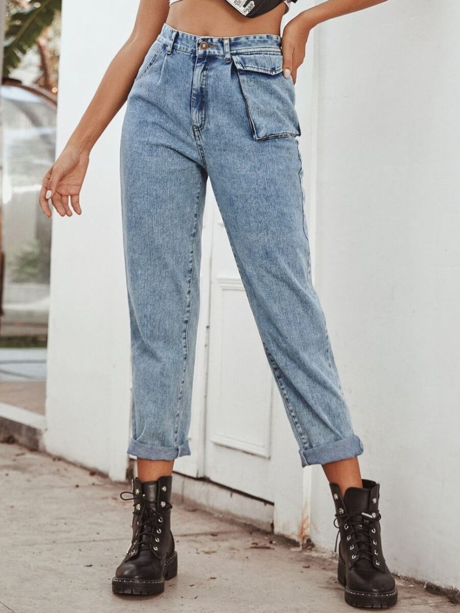 

Lovely Casual High-waisted Pocket Design Blue Mom Jeans