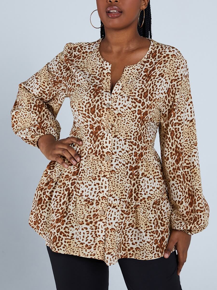 

Lovely Casual O Neck Animal Print Coffee Plus size Blouse