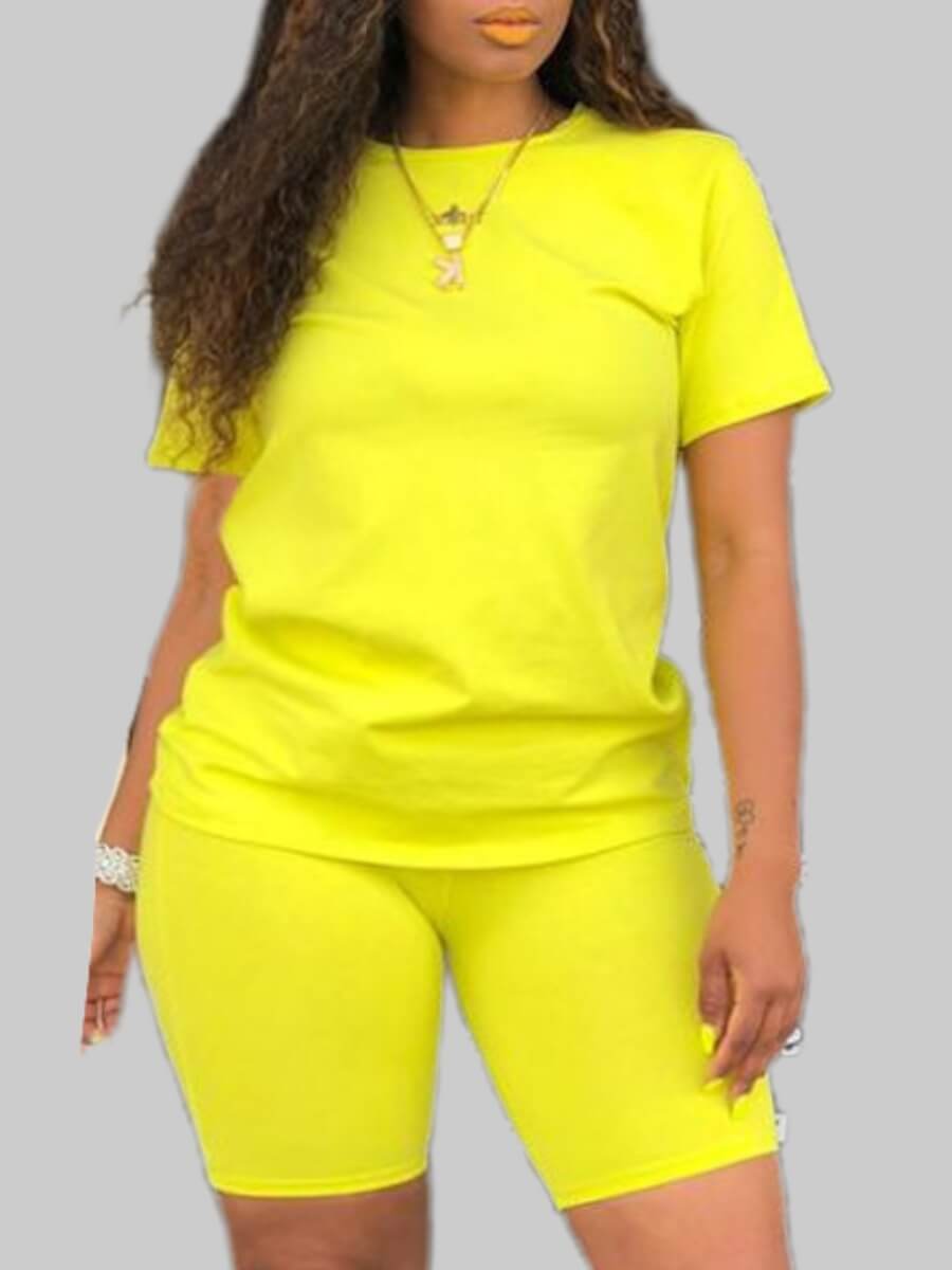 

Lovely Trendy O Neck Basic Skinny Yellow Plus Size Two-piece Shorts Set