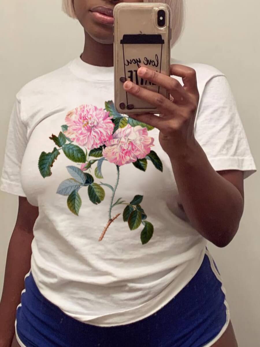 

Lovely Casual O Neck Floral Print White T-shirt