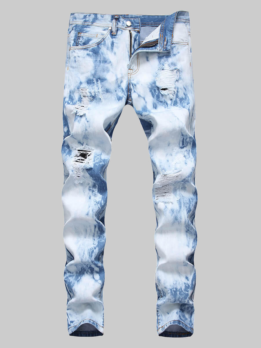 

Lovely Trendy Broken Holes Tie-dye Baby Blue Men Jeans