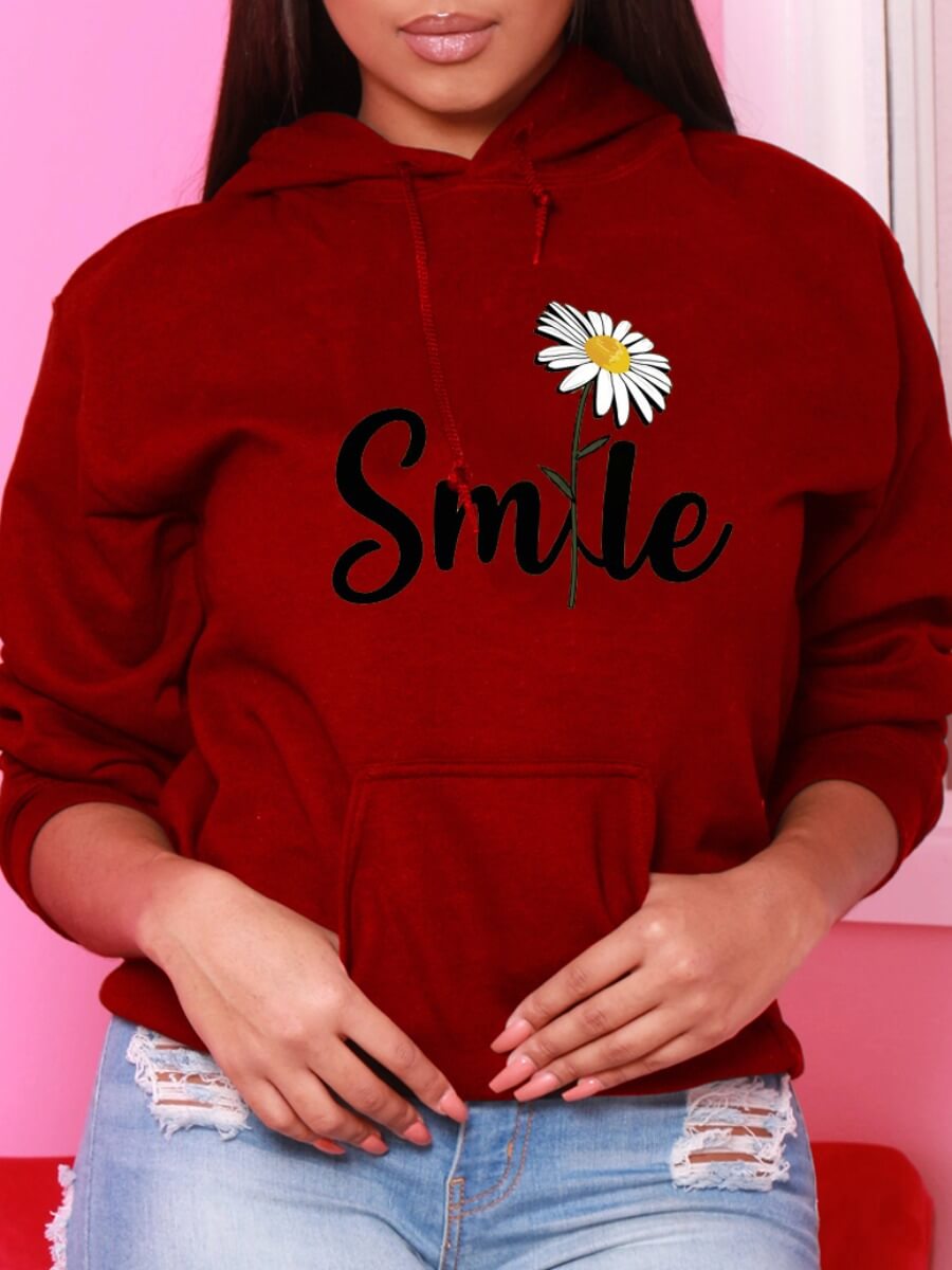 

Lovely Casual Hooded Collar Floral Letter Print Red Hoodie