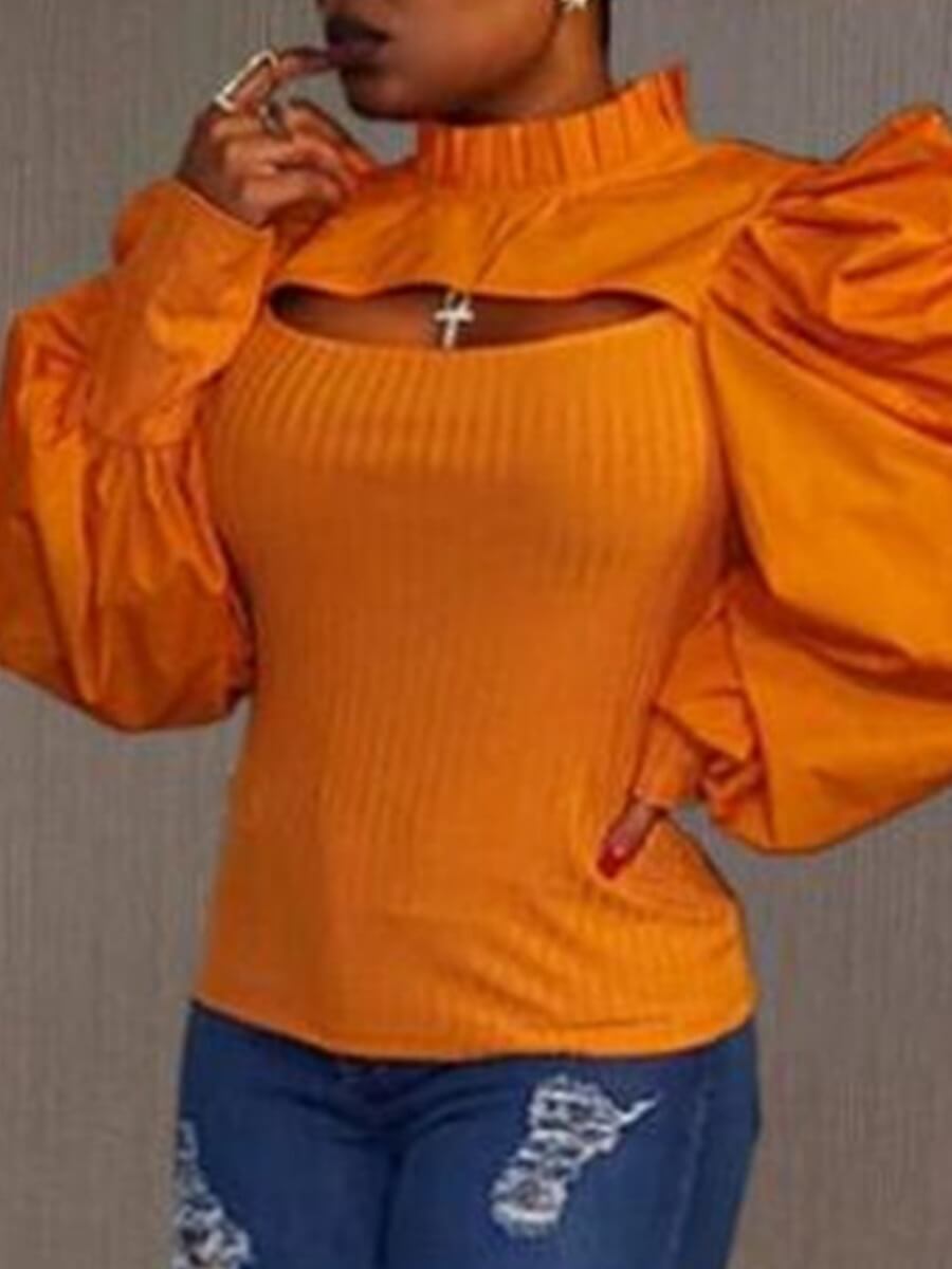

Lovely Stylish Rib-Knit Ruffle Design Hollow-out Croci Blouse