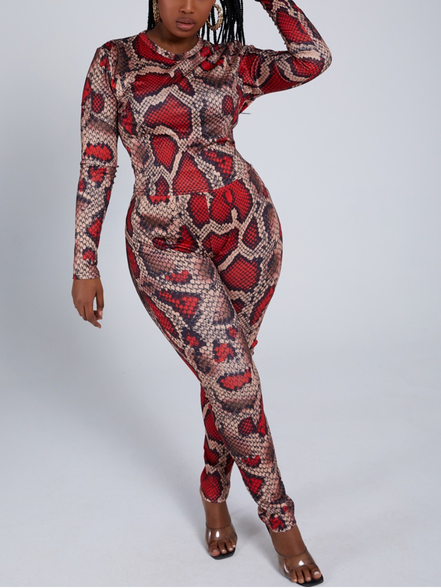 

Lovely Casual O Neck Cobra Print Wine Red Plus Size Two-piece Pants Set