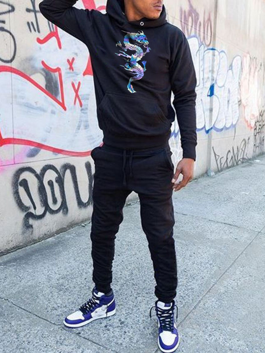 

Lovely Casual Hooded Collar Dragon Print Black Men Two Piece Pants Set