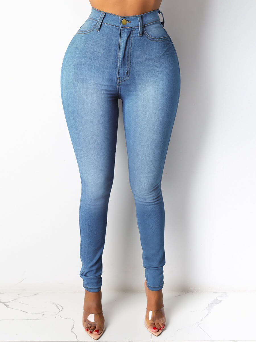 

Lovely Casual High-waisted Zipper Design Skinny Blue Jeans