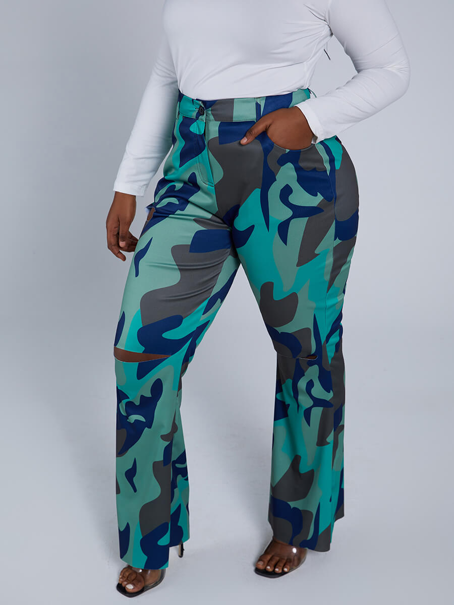 

Lovely Trendy Camo Print Broken Holes Green Plus Size Pants