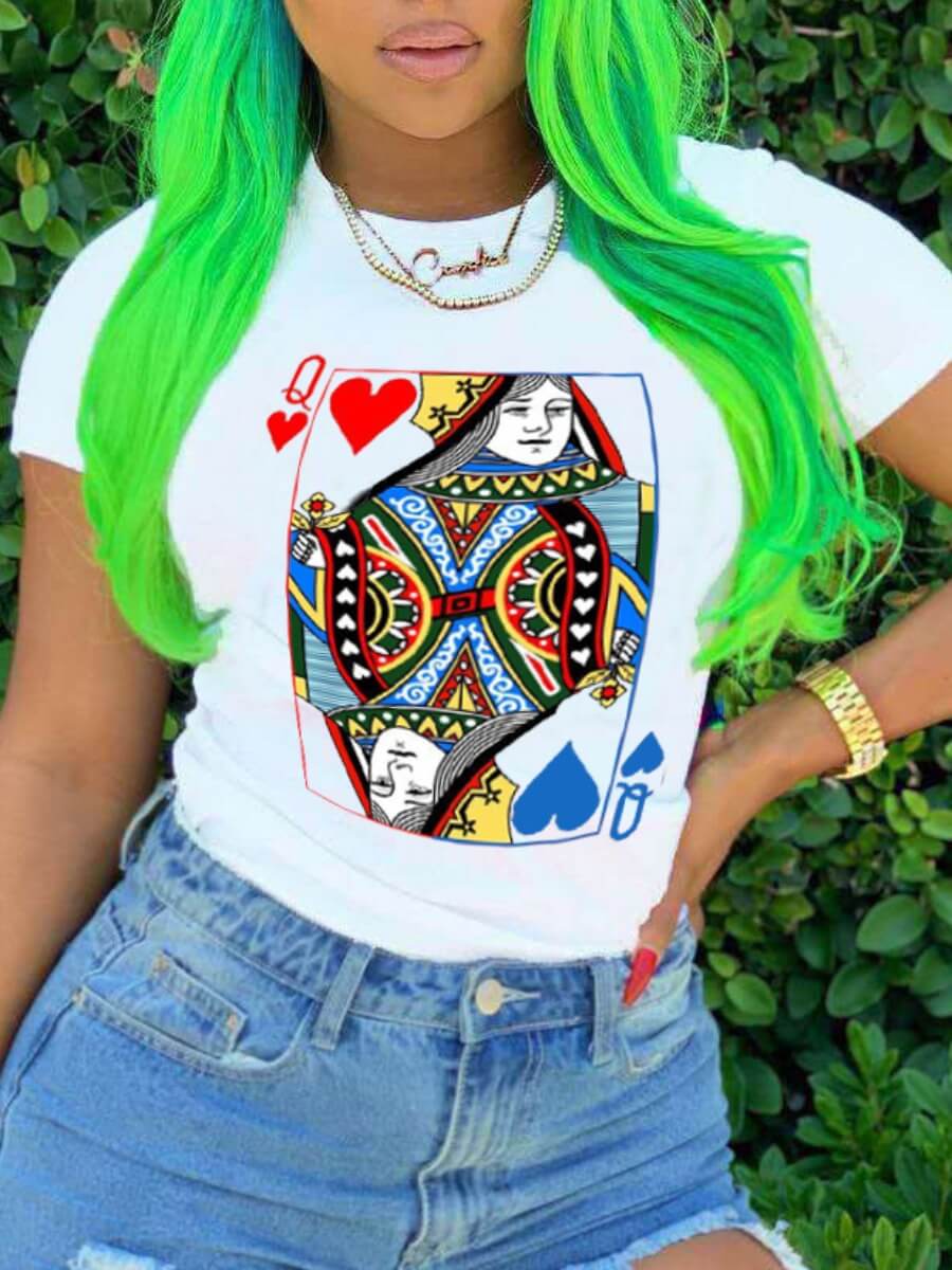 

Lovely Trendy Card Letter Print Patchwork White T-shirt