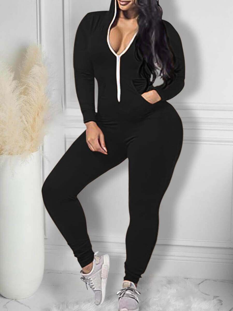 

Lovely Casual Hooded Collar Zipper Design Black Plus Size One-piece Jumpsuit
