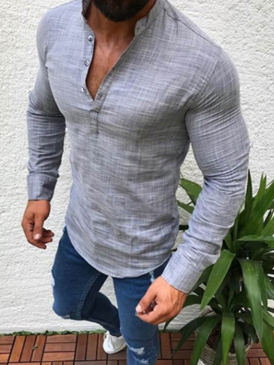 

Lovely Men Casual Mandarin Collar Button Design Grey Shirt