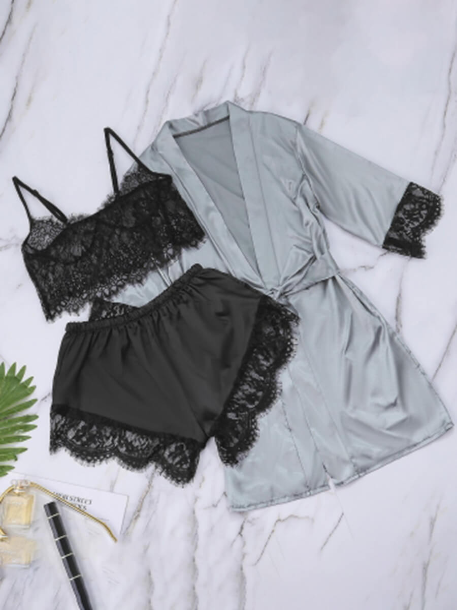 

Lovely Casual Lace Patchwork Bow-tie Decoration Black Sleepwear(Three-piece)