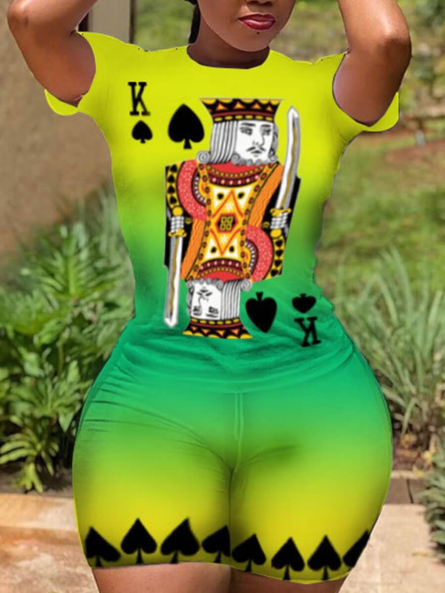 

Lovely Street O Neck Print Gradient Green Two Piece Shorts Set