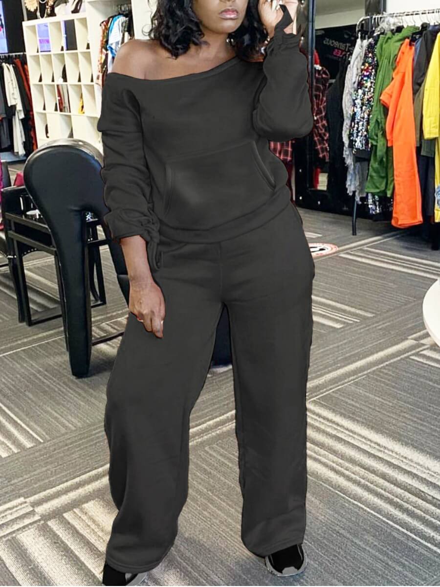 

Lovely Casual O Neck Loose Black Two Piece Pants Set