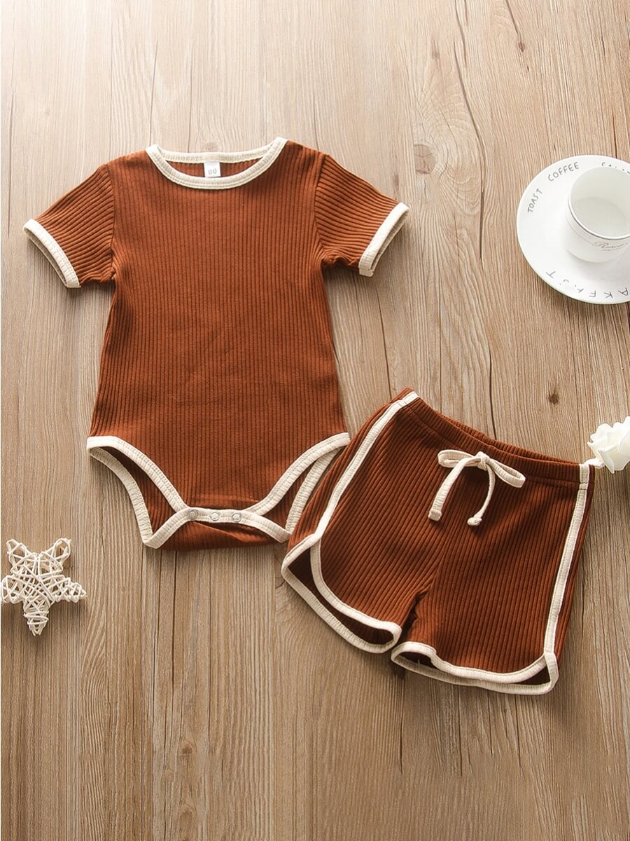 

Lovely Girl Casual O Neck Patchwork Brown Two Piece Shorts Set
