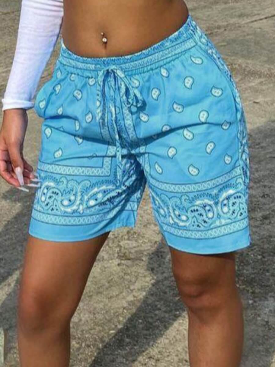 

Lovely Casual Mid Waist Print Drawstring Baby Blue Shorts