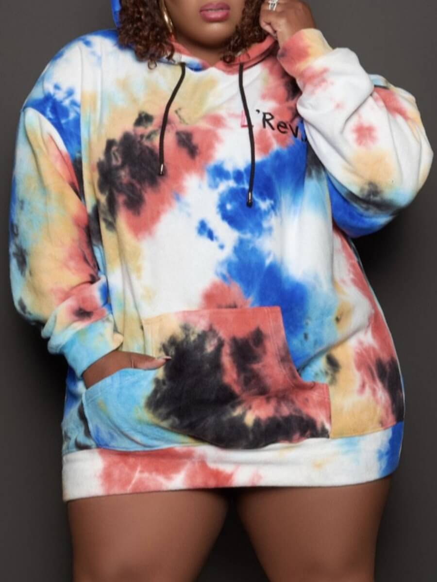 

Lovely Casual Hooded Collar Tie-dye Multicolor Mini Plus Size Dress, Multi