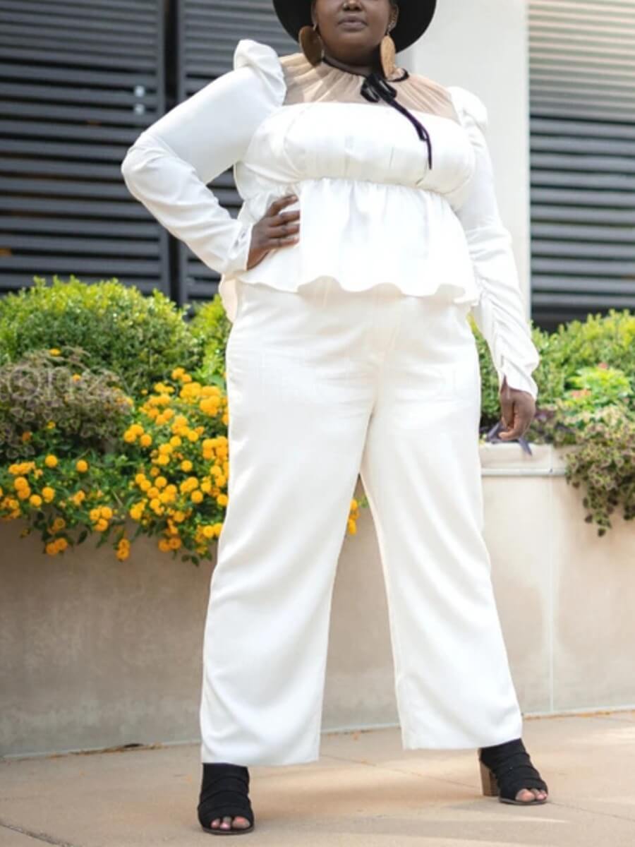 

Lovely Casual Ruffle Design Flounce White Plus Size Two-piece Pants Set