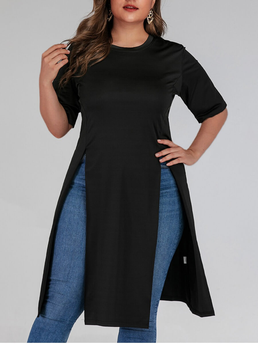 

Lovely Casual O Neck High Split Black Plus Size T-shirt