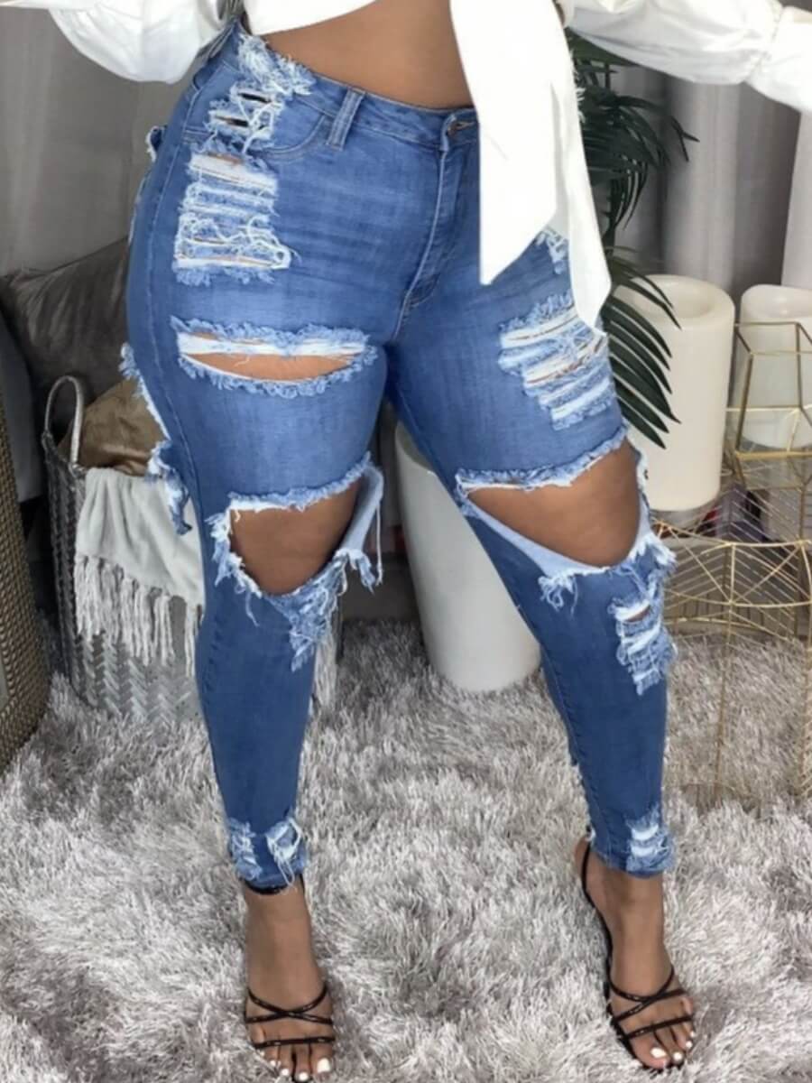 

Lovely Casual High-waisted Broken Holes Blue Jeans