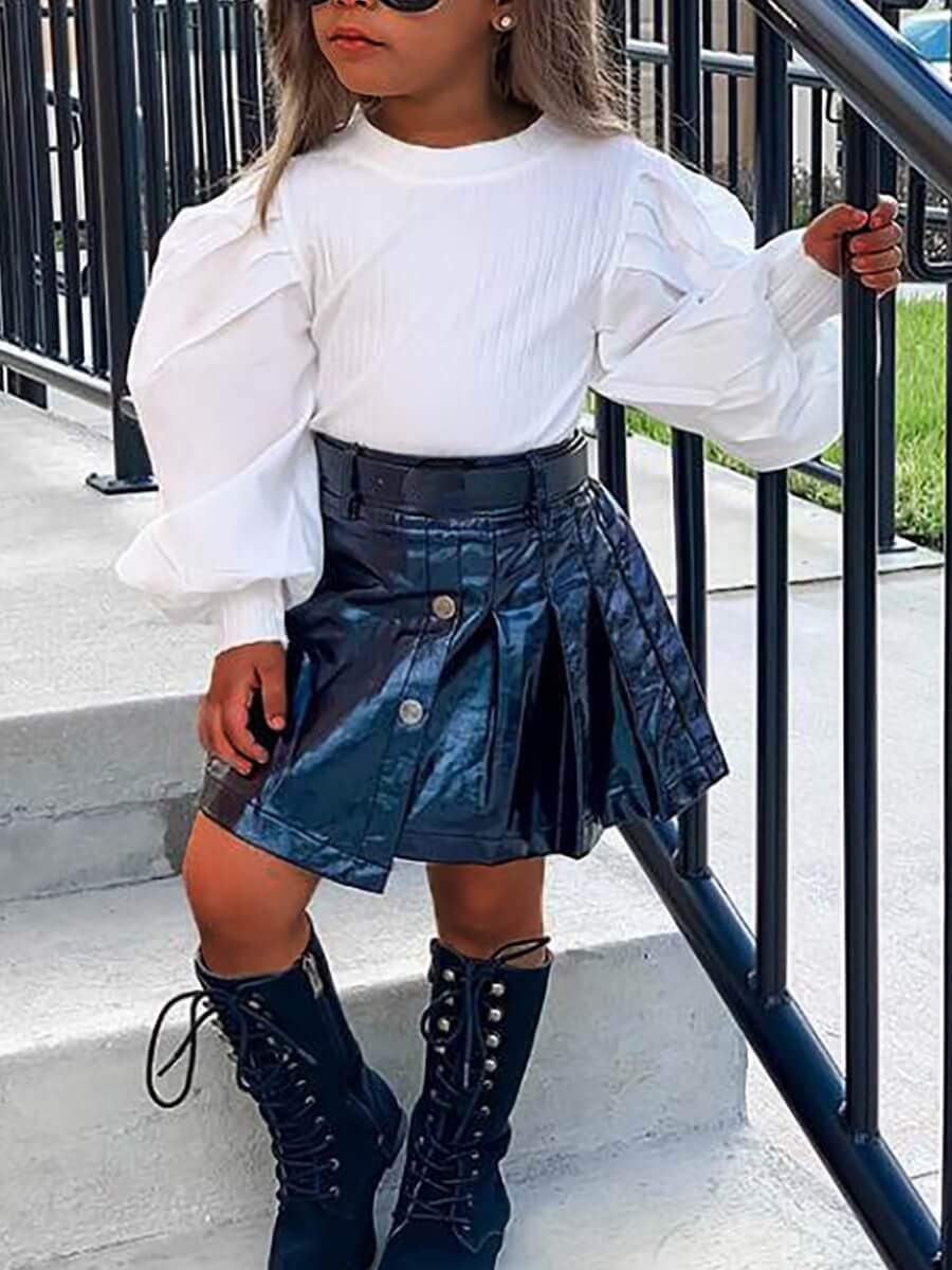 

Lovely Sweet Rib-Knit Button Ruffle Design White Girl Two Piece Skirt Set