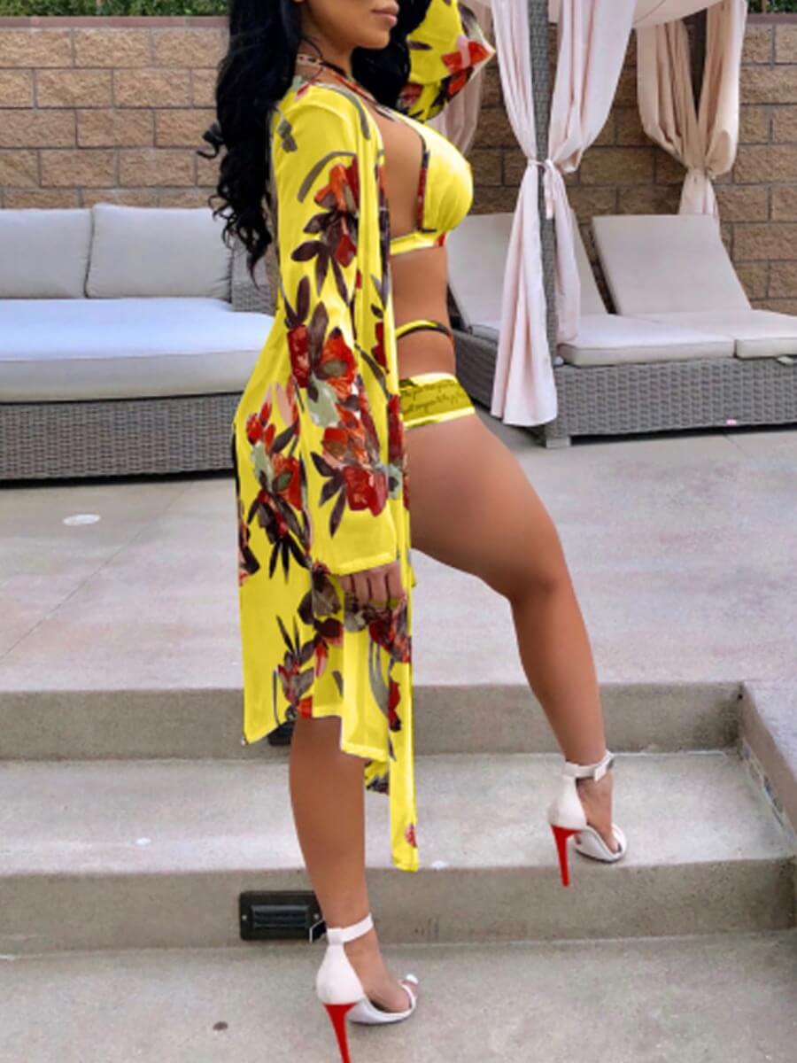 

Lovely Sexy Floral Print Hollow-out Yellow Three-piece Swimsuit