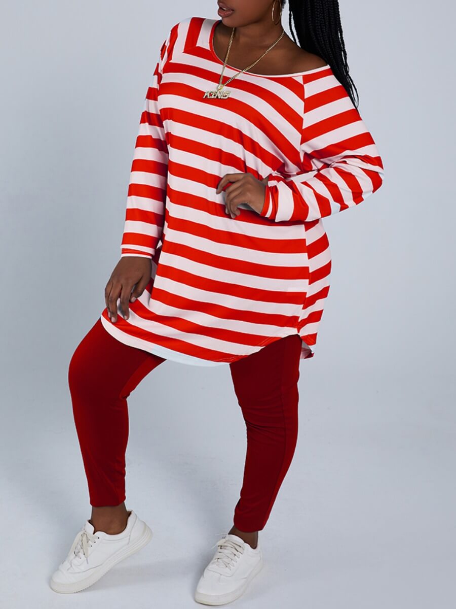 

Lovely Casual Striped Patchwork Asymmetrical Red Plus Size Two-piece Pants Set