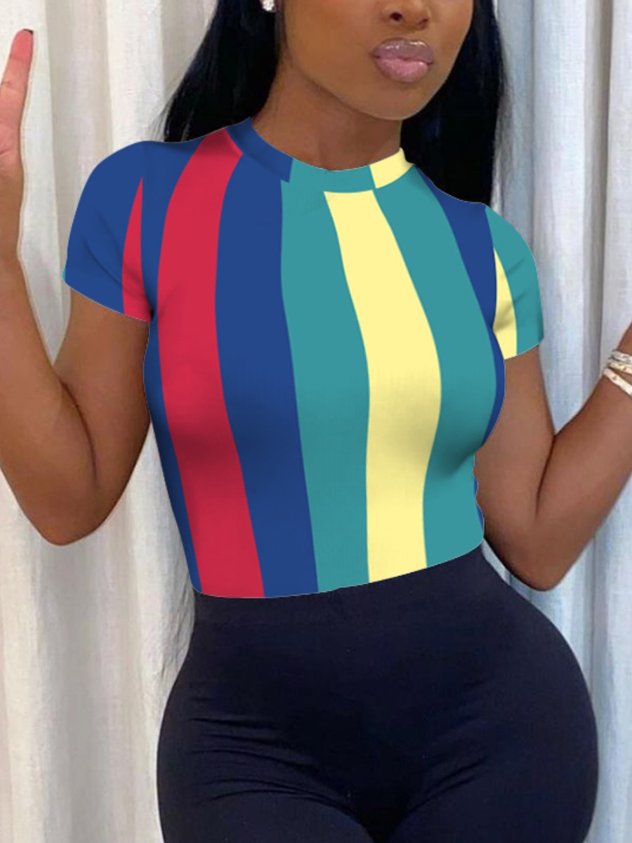 

LW Round Neck Striped Patchwork T-shirt, Multicolor stripe
