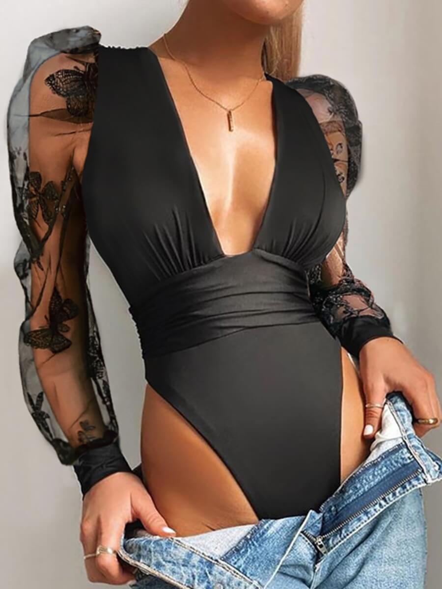 

Lovely Sexy V Neck Ruffle Design Mesh Patchwork Black Bodysuit