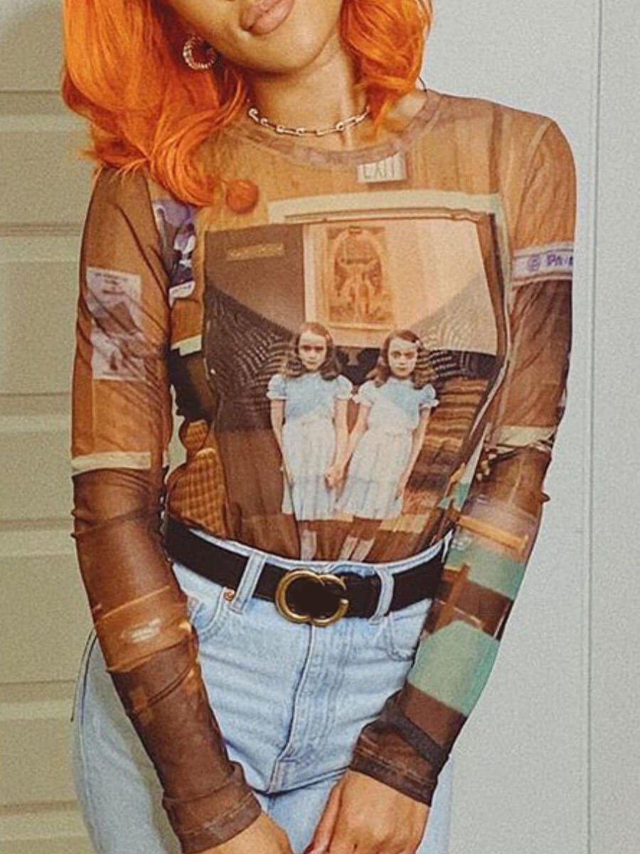 

Lovely Vintage O Neck Print See-through Multicolor T-shirt, Multi