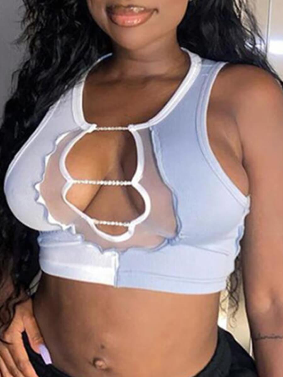 

Lovely Street Pearl Decoration Hollow-out Patchwork Blue Camisole