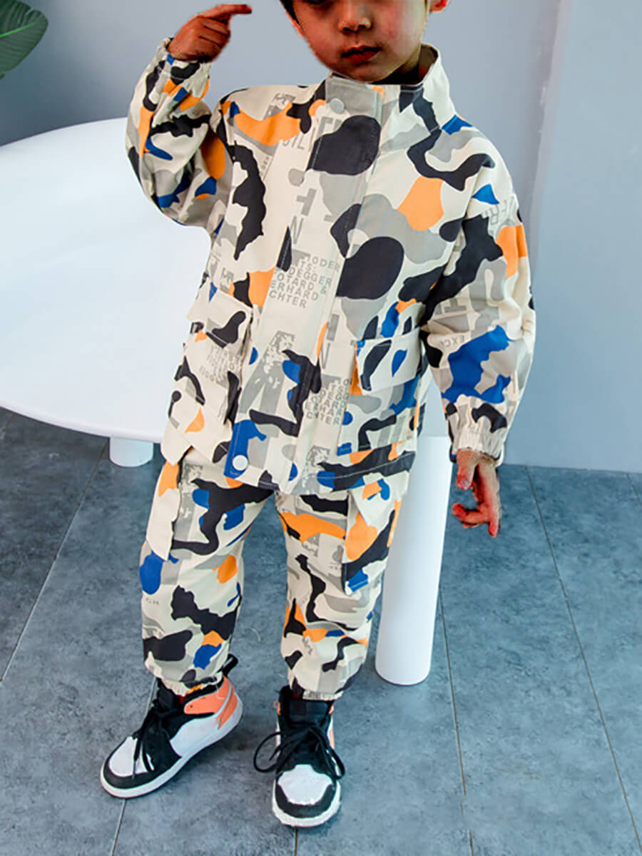 

Lovely Sportswear Mandarin Collar Camo Print Boy Two Piece Pants Set