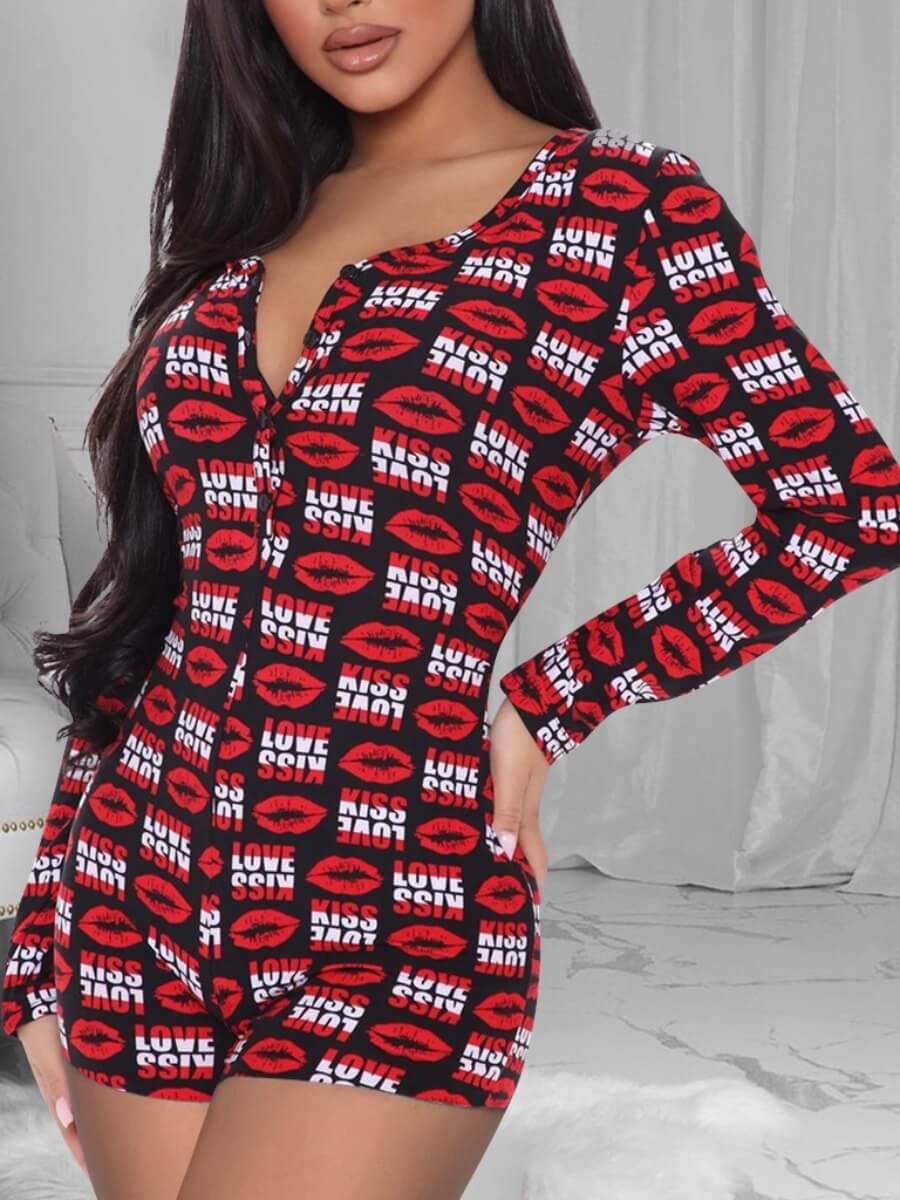 

LW Casual Lip Letter Print Black One-piece Romper