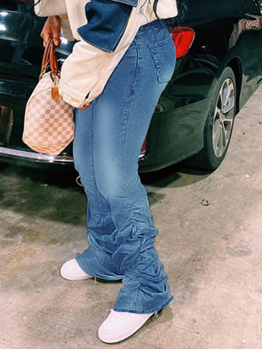 

Lovely Casual High-waisted Fold Design Blue Jeans