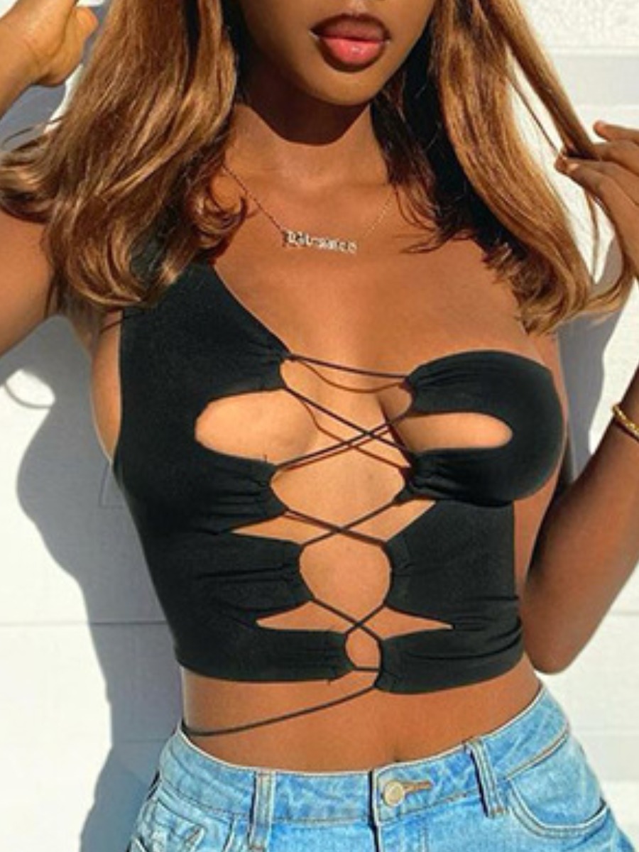 

LW Street One Shoulder Bandage Hollow-out Design Black Camisole