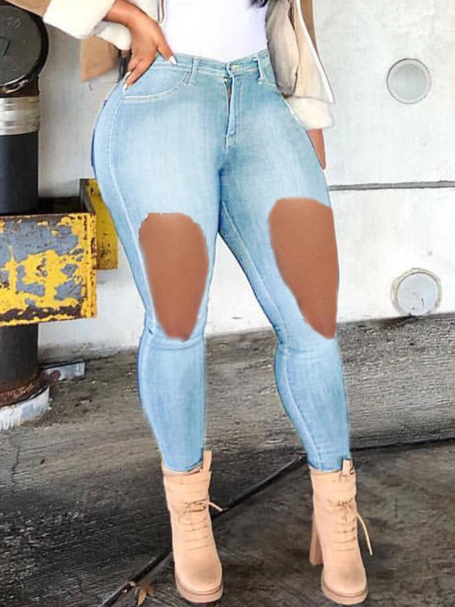 

LW Casual High-waisted Hollow-out Baby Blue Jeans
