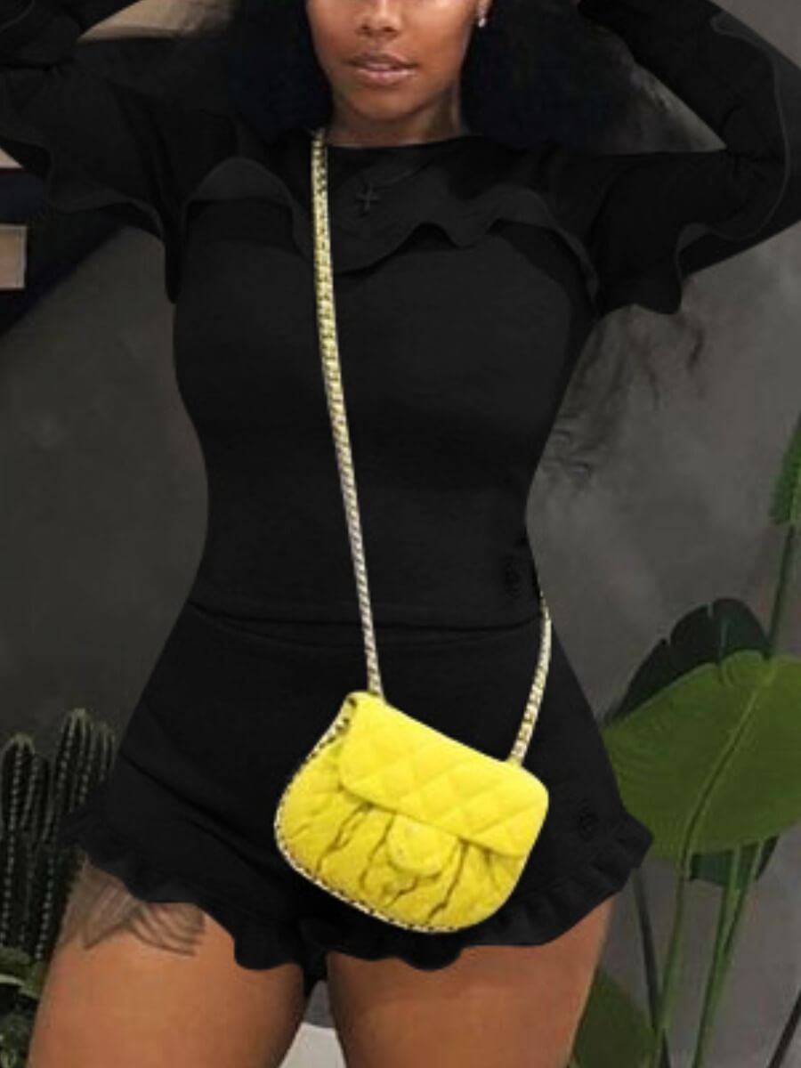 

Lovely Casual O Neck Flounce Design Black Two Piece Shorts Set