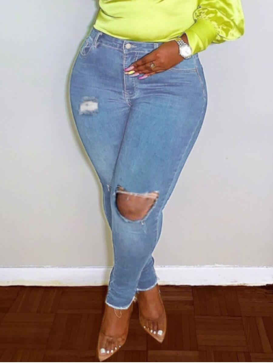 

Lovely Casual Raw Edge Broken Holes Blue Plus Size Jeans