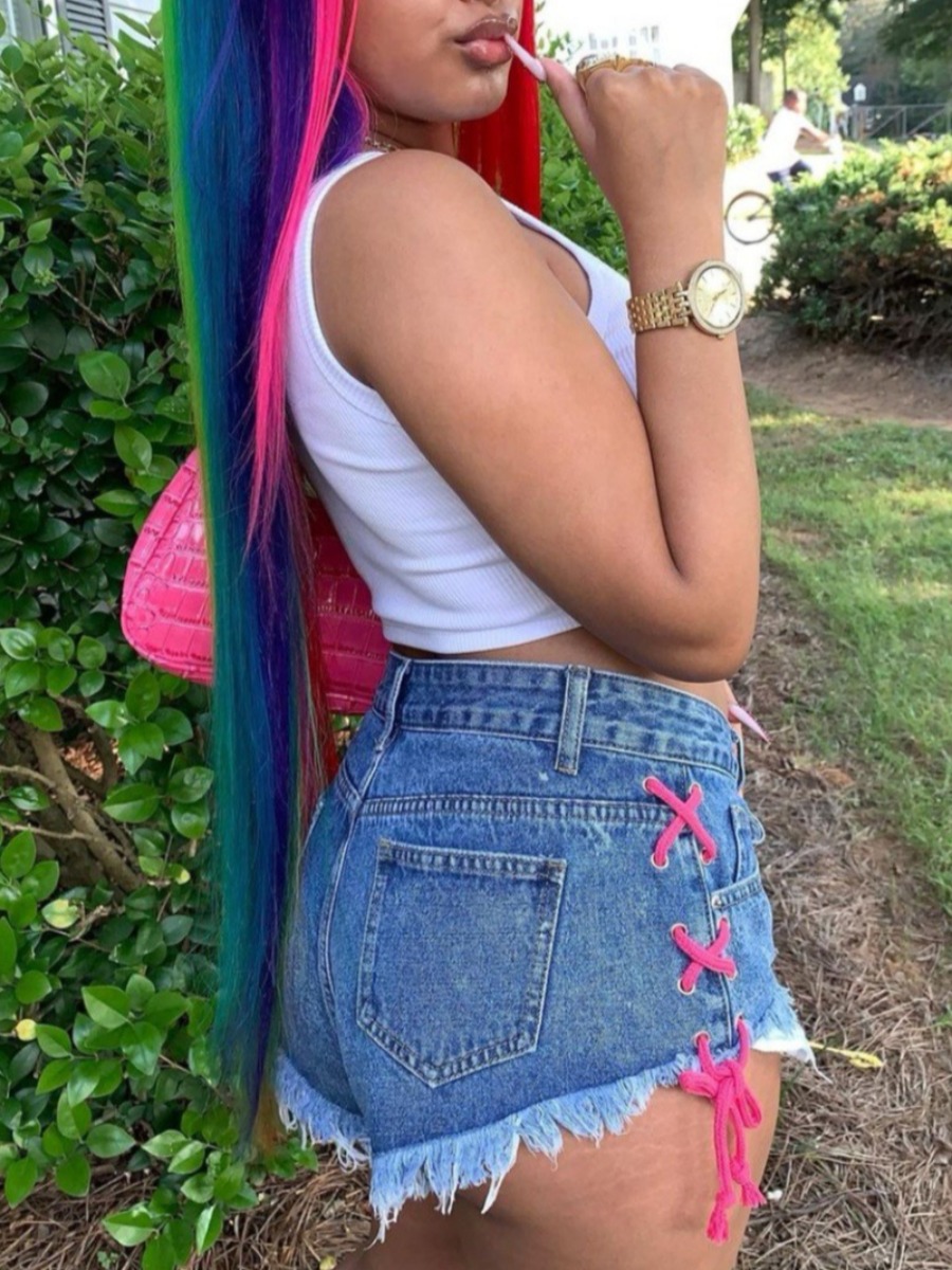 

Lovely Street Bandage Design Baby Blue Denim Shorts